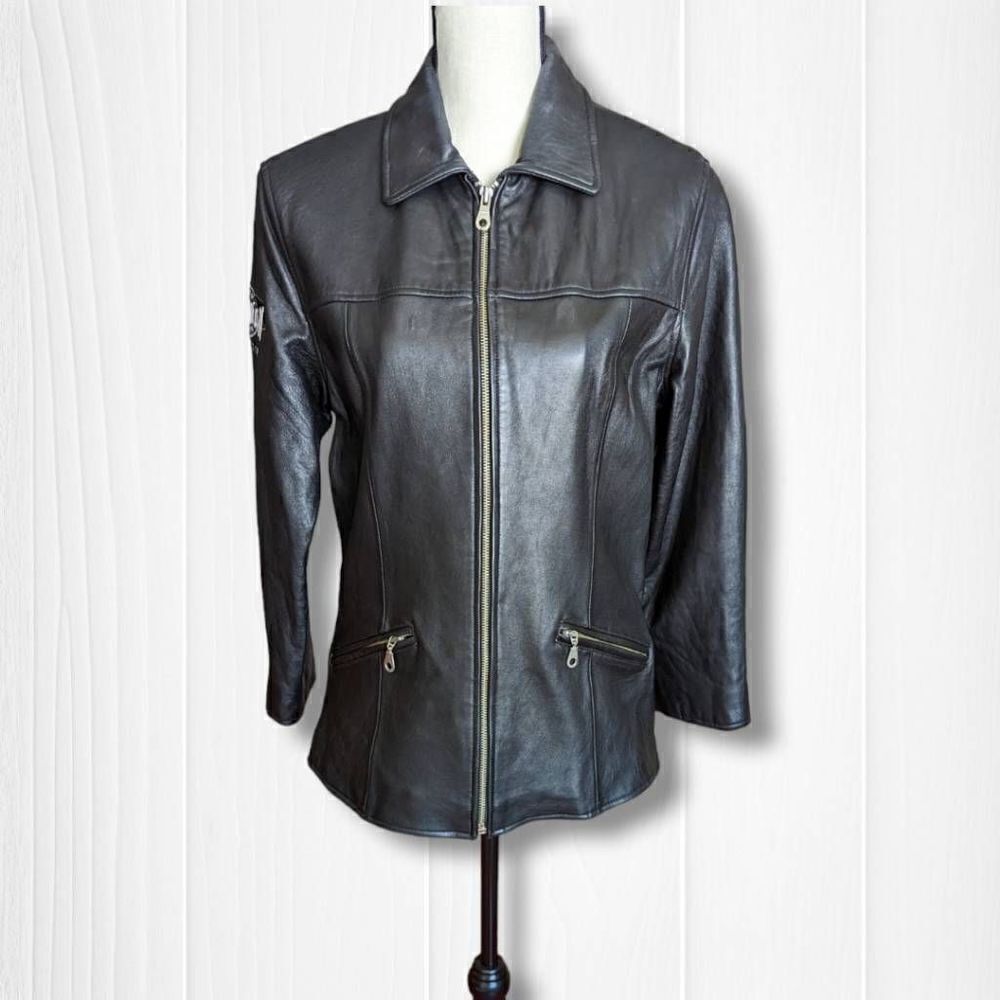 Vintage Excelled Womens Leather Moto Jacket Classic Black Large Carman Heart of